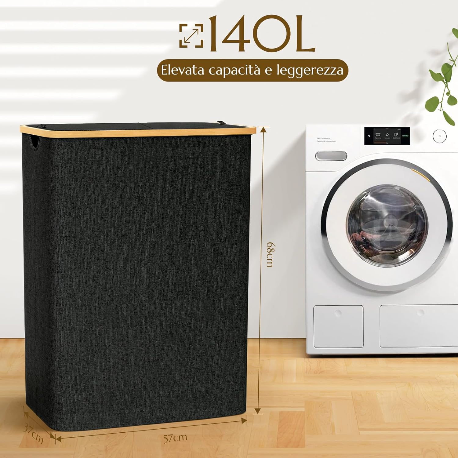 Cesto Portabiancheria Pieghevole 140L con Coperchio, Nero - immagine 4