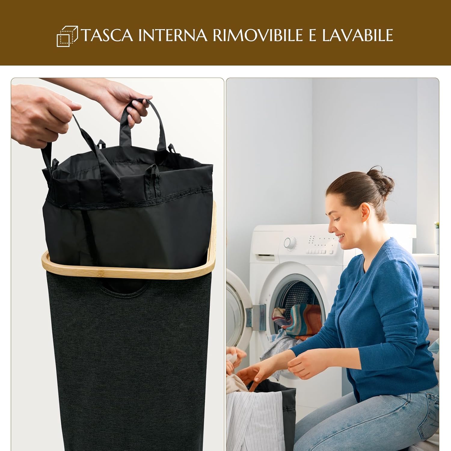 Cesto Portabiancheria Pieghevole 140L con Coperchio, Nero - immagine 5