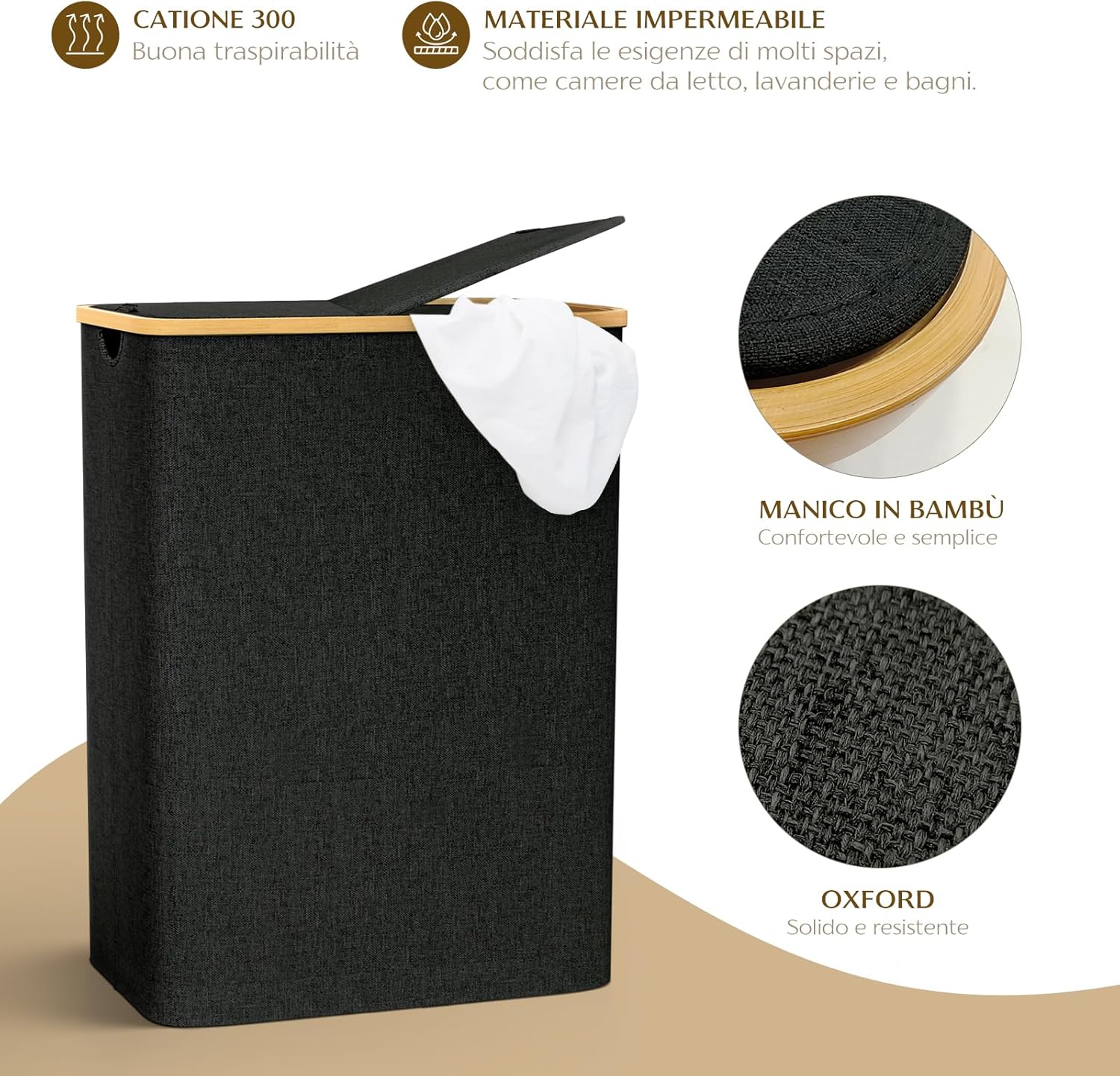 Cesto Portabiancheria Pieghevole 140L con Coperchio, Nero - immagine 6