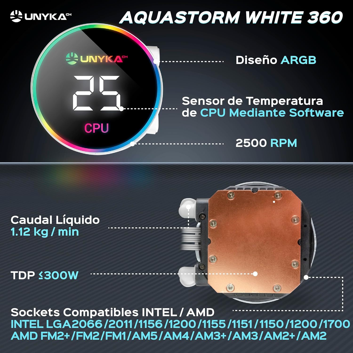Unykach AQUASTORM White 360 - Raffreddamento Liquido CPU - immagine 5