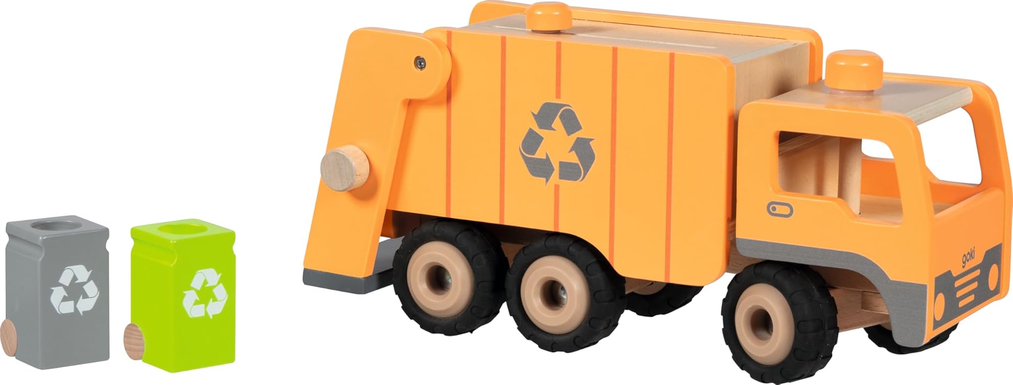 goki 55848 Autocarro della spazzatura Eco in legno, orientabile tramite manopola girevole, dispositivo di sollevamento e 2 bidoni della spazzatura, 36 × 16 × 17,5 cm