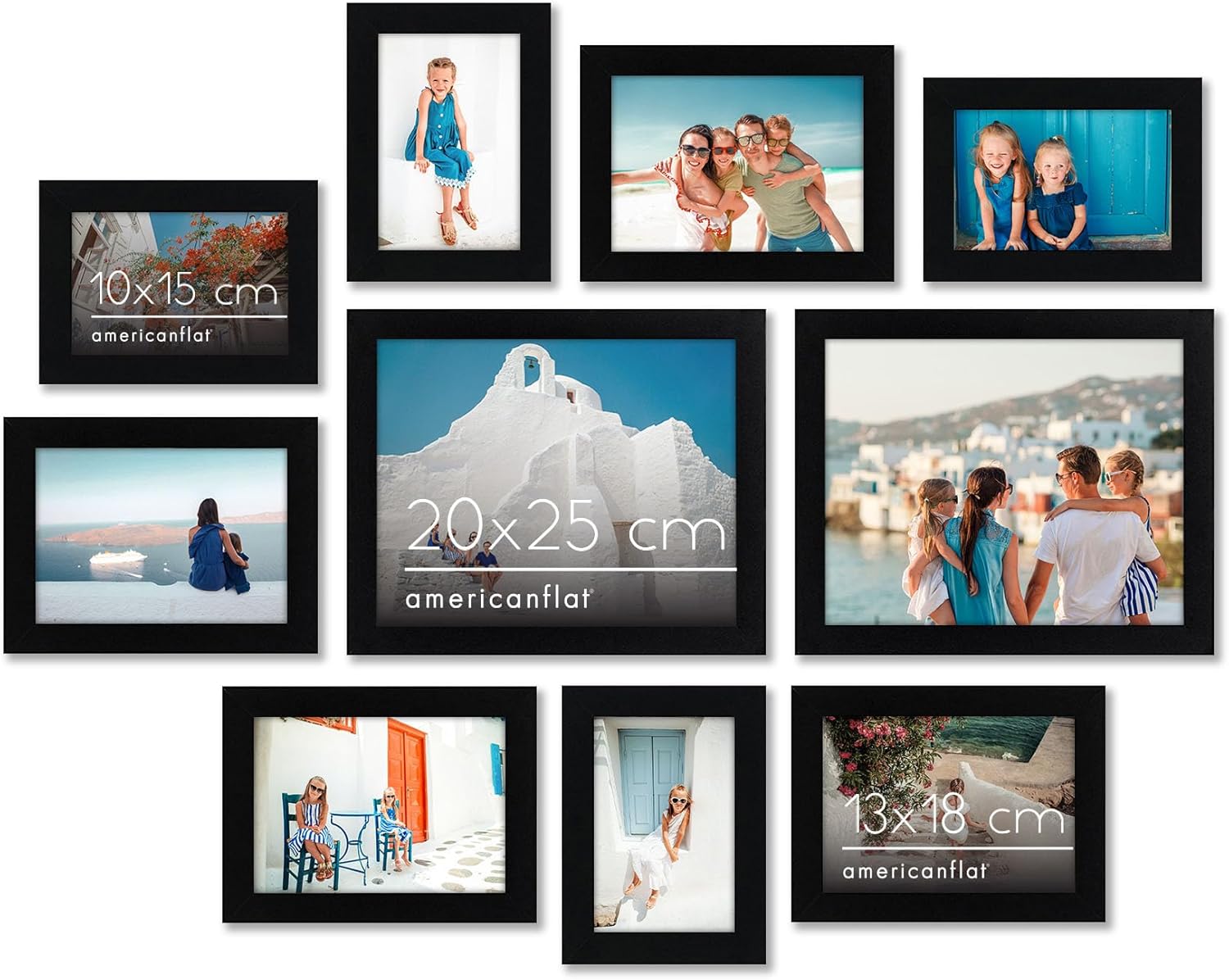 Americanflat Set Cornici Foto da Parete e da Tavolo Nere, 10 Pezzi - Due da 20x25 cm, Quattro da 13x18 cm e Quattro da 10x15 cm - Composizione Cornici da Parete con Vetro Infrangibile - immagine 2