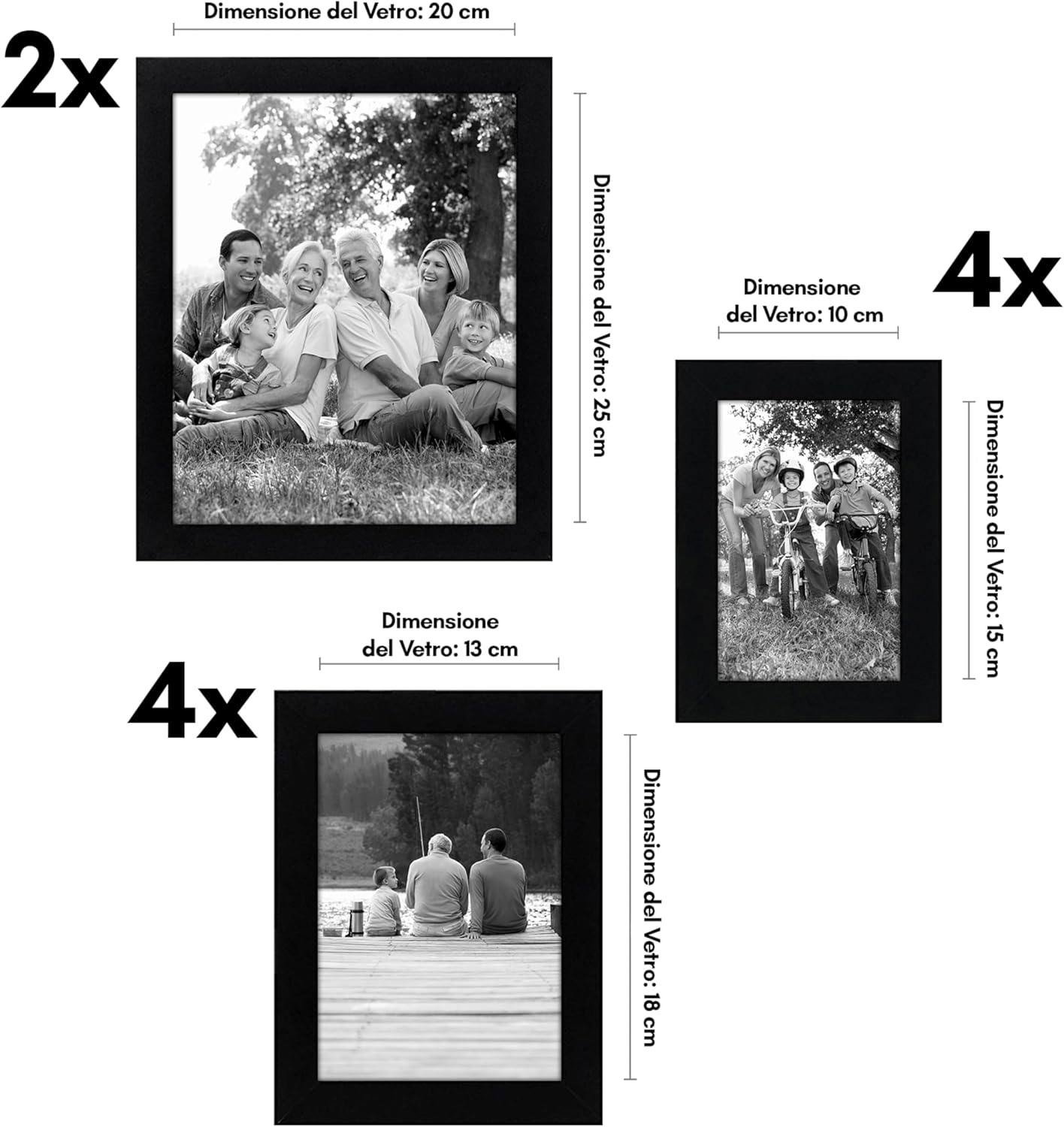 Americanflat Set Cornici Foto da Parete e da Tavolo Nere, 10 Pezzi - Due da 20x25 cm, Quattro da 13x18 cm e Quattro da 10x15 cm - Composizione Cornici da Parete con Vetro Infrangibile - immagine 3
