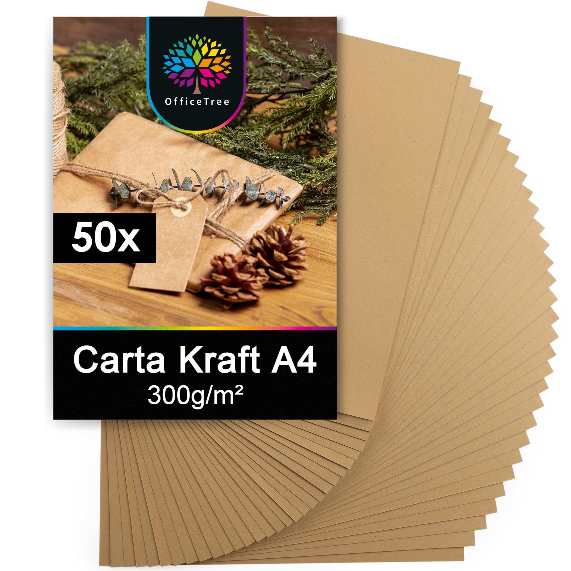 Officetree 50x Carta Kraft A4 300g - Cartoncino Marrone