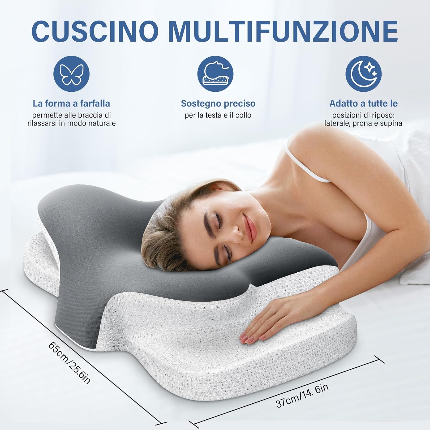 Cuscino Cervicale Ergonomico 2 in 1 Memory Foam, Grigio - immagine 2