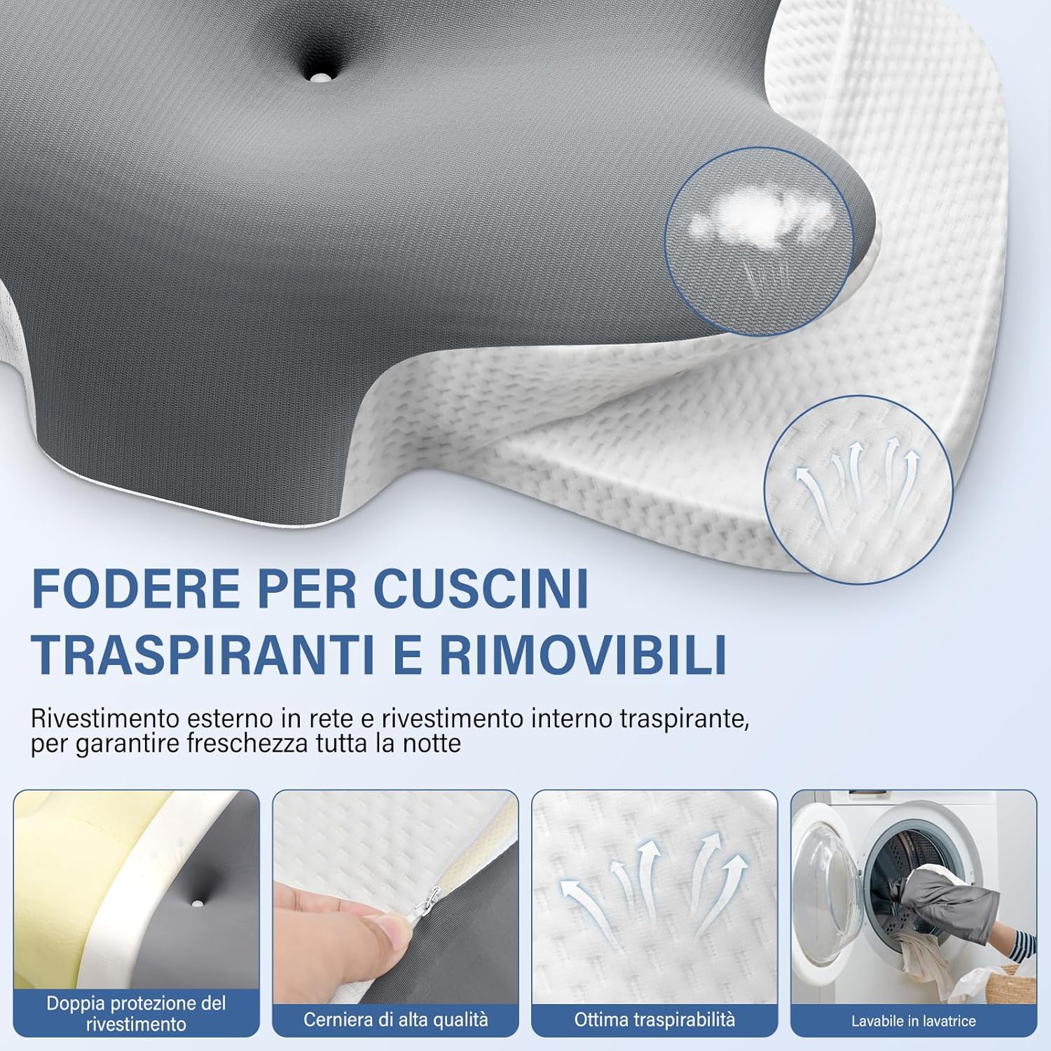 Cuscino Cervicale Ergonomico 2 in 1 Memory Foam, Grigio - immagine 6