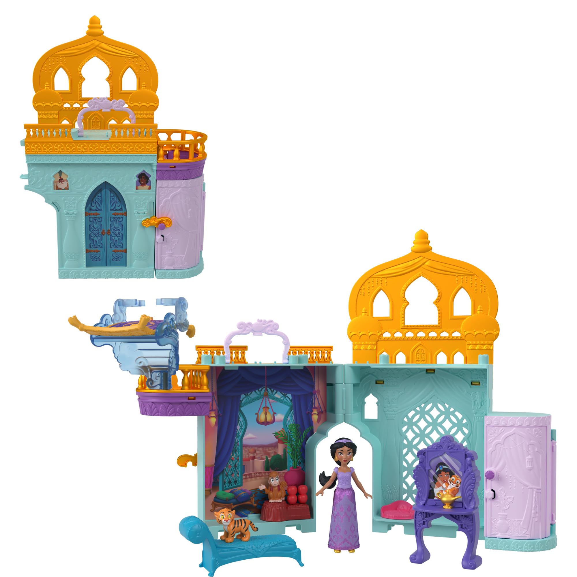 Mattel Disney Princess - Set Componibili Il Castello di Jasmine, playset con mini bambola, 2 amici personaggi e 7 accessori inclusi, ispirato al film Disney, giocattolo per bambini, 3+ anni, HPV04