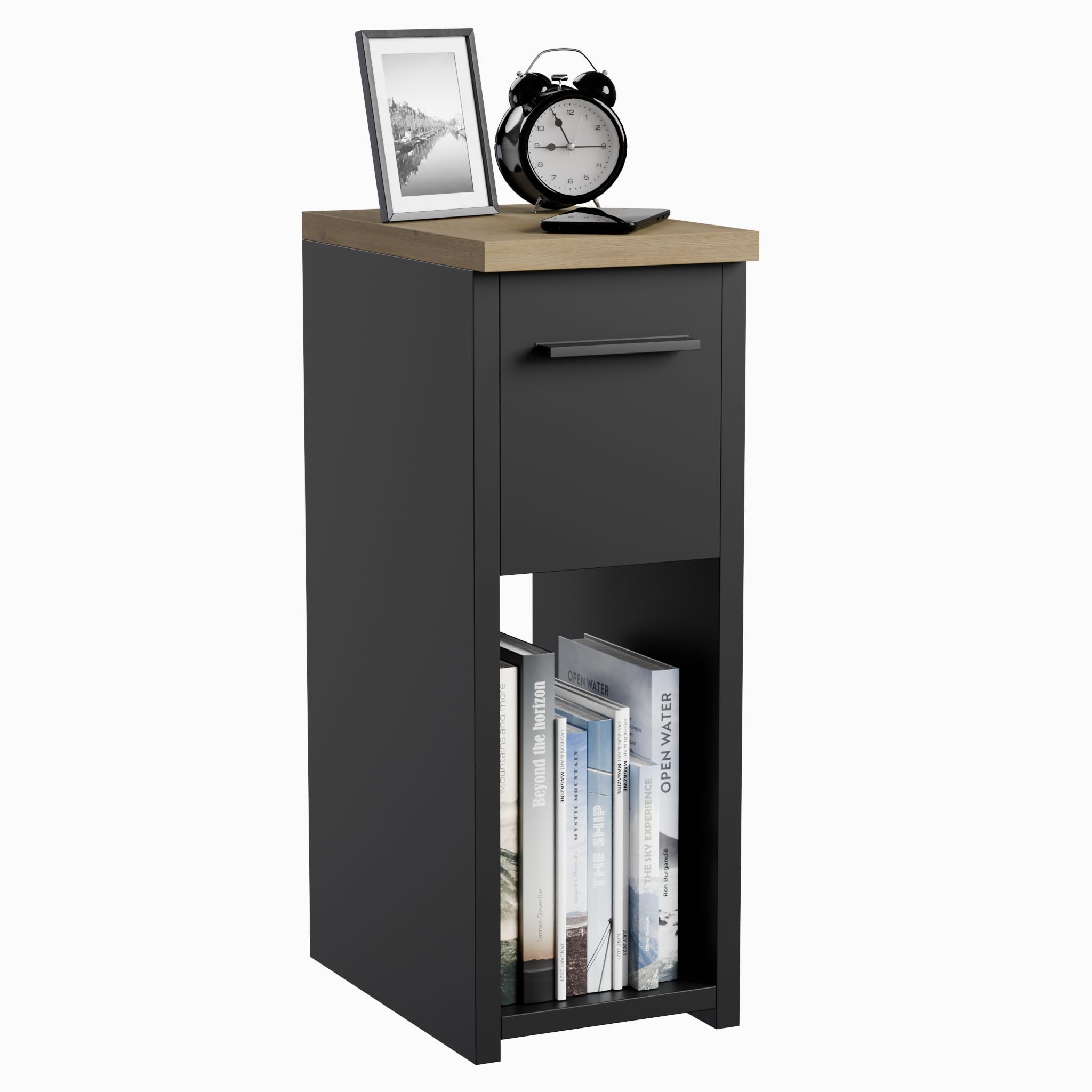 Comodino Camera da Letto con Cassetto e Ripiano, Nero/Quercia