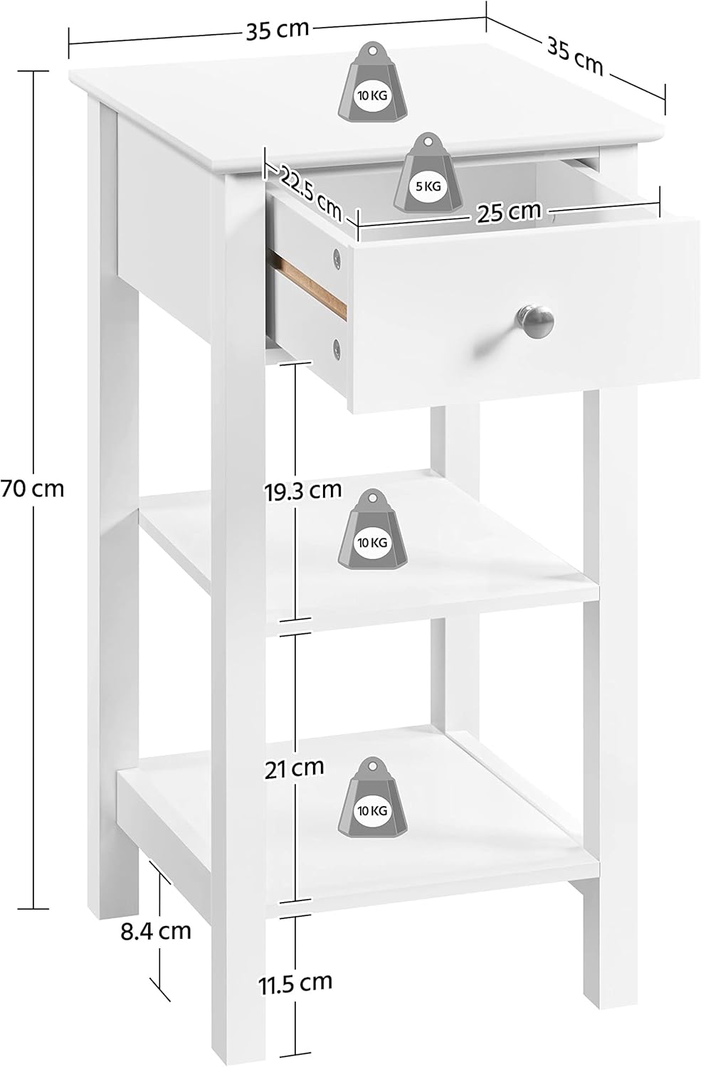Yaheetech Comodino Camera da Letto con Cassetto e 2 Ripiani, Bianco - immagine 3