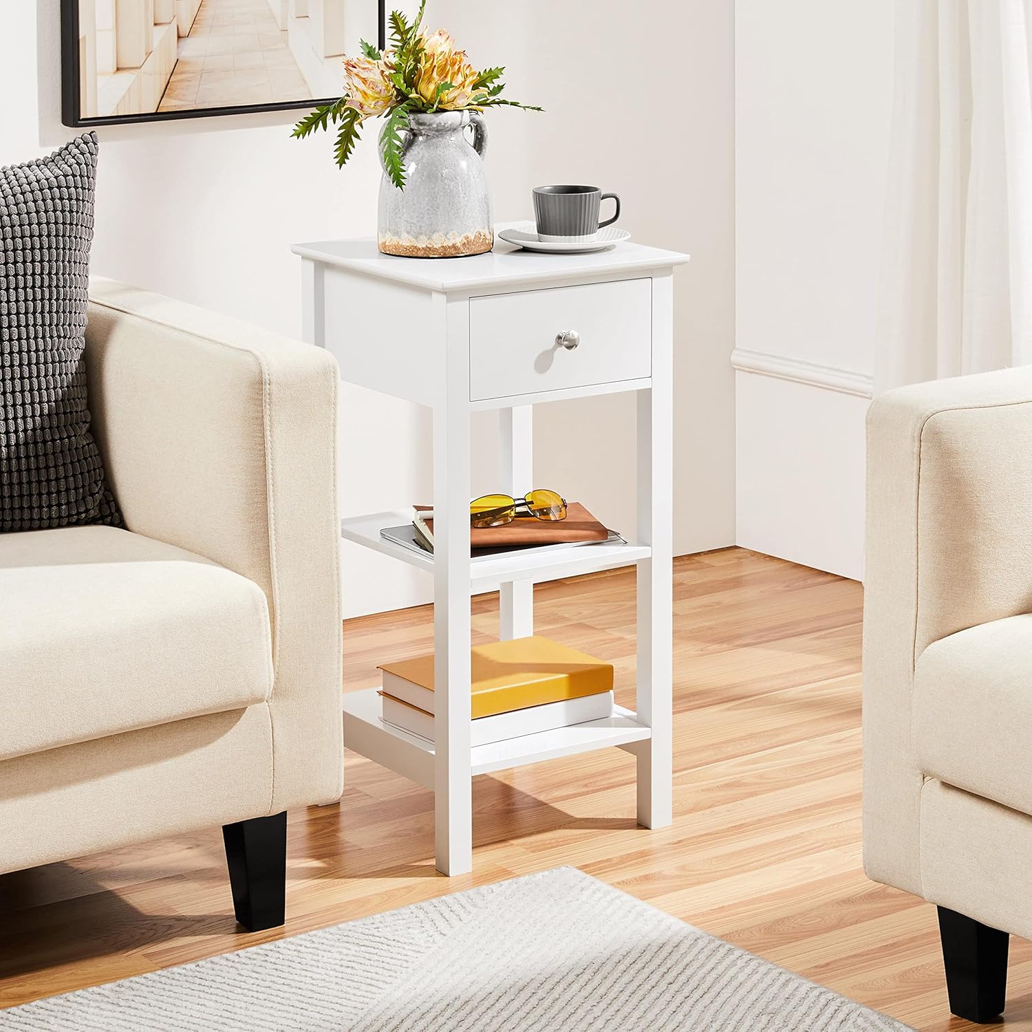 Yaheetech Comodino Camera da Letto con Cassetto e 2 Ripiani, Bianco - immagine 4