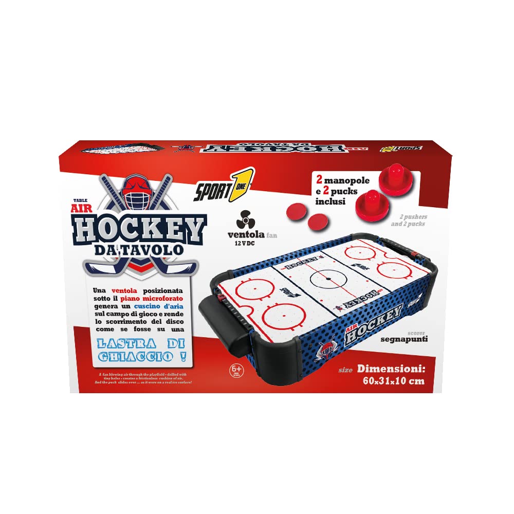 Sport1 air hockey table-top. Gioco da tavolo elettrico. Air mini con ventola 12V. Misure 60x31x10cm con 2 manopole e 2 dischi inclusi. Completo di segnapunti integrato. Idea regalo