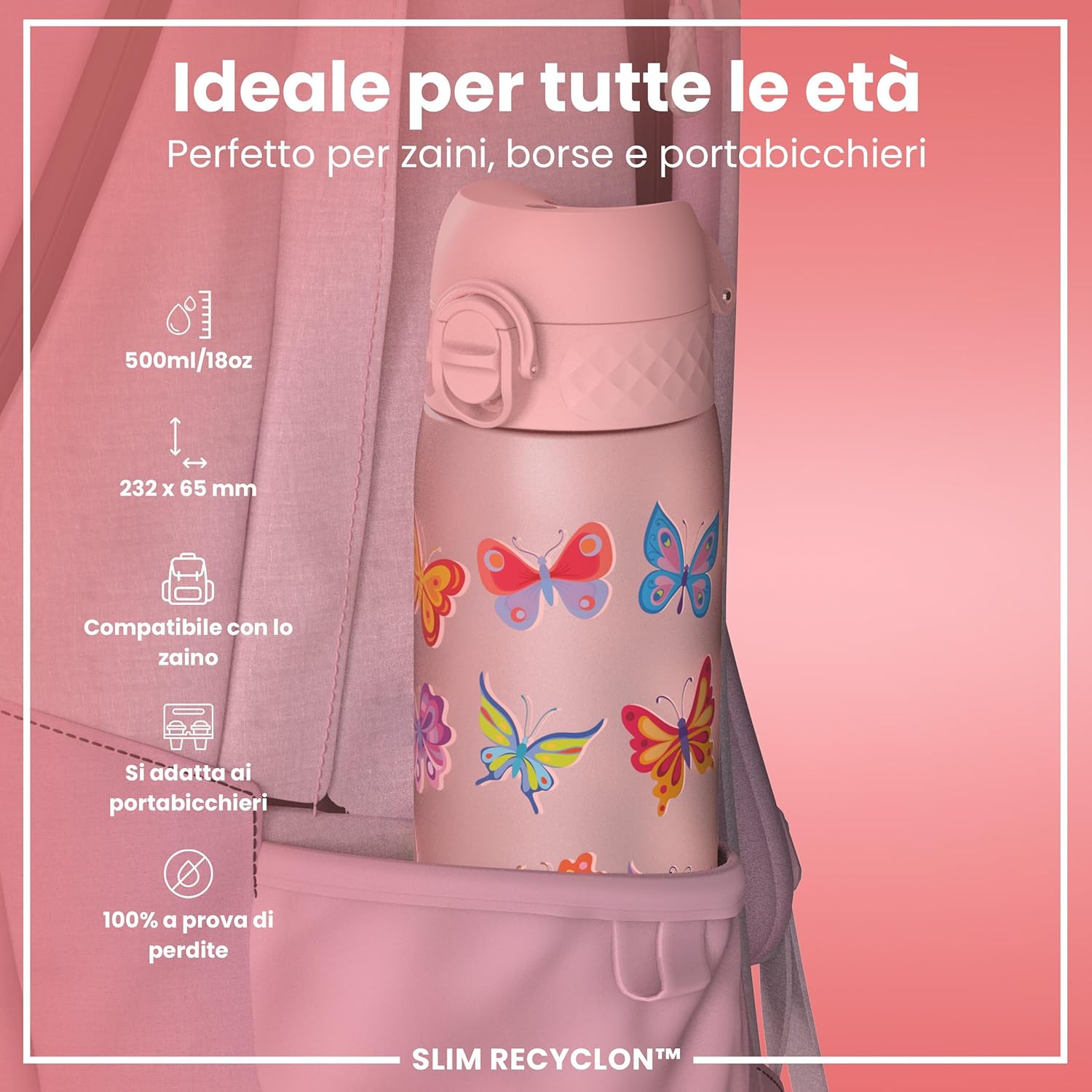 Ion8 Borraccia a Prova di Perdite 500ml, Farfalle - immagine 2