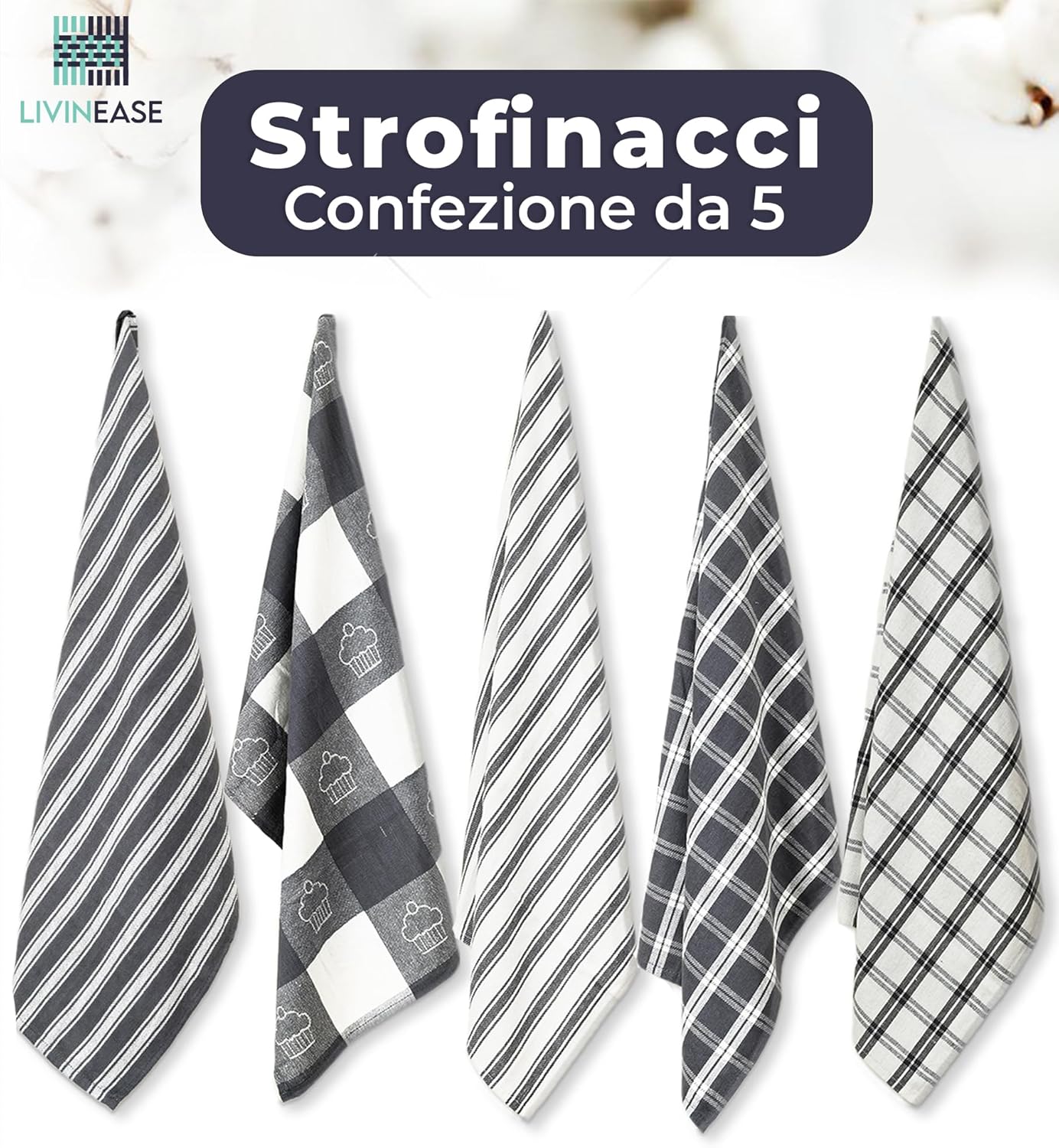 Livinease Strofinacci da Cucina 100% Cotone - 5 Pezzi, Grigio - immagine 2