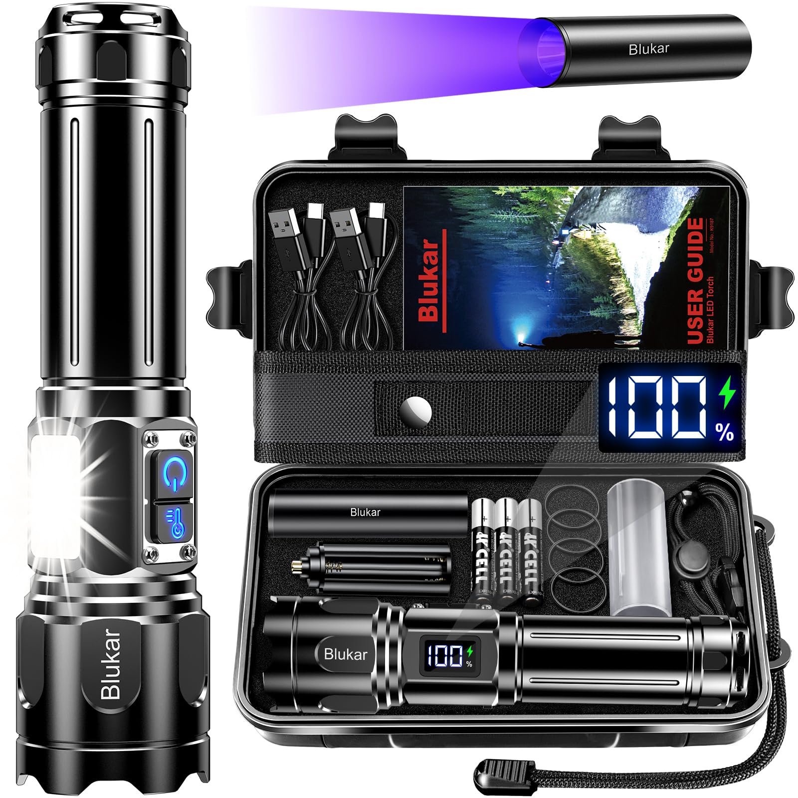 Blukar Torcia LED Potente Professionale, Ricaricabile Super Luminoso Zoomabile Torcia Alta Potenza con Luce Laterale COB, 2 Temperature di Colore & 7 Modalità Impermeabile per Campeggio/Emergenza