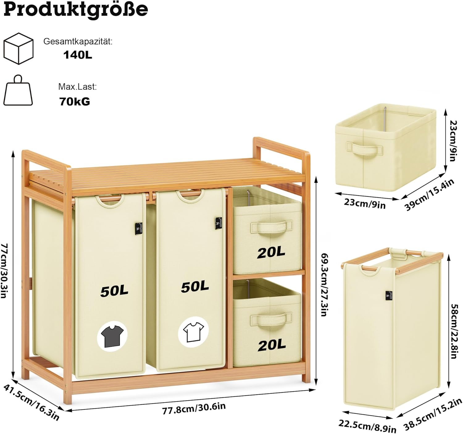 AdelDream Cesto Portabiancheria 4 Scomparti 140L, Beige - immagine 3