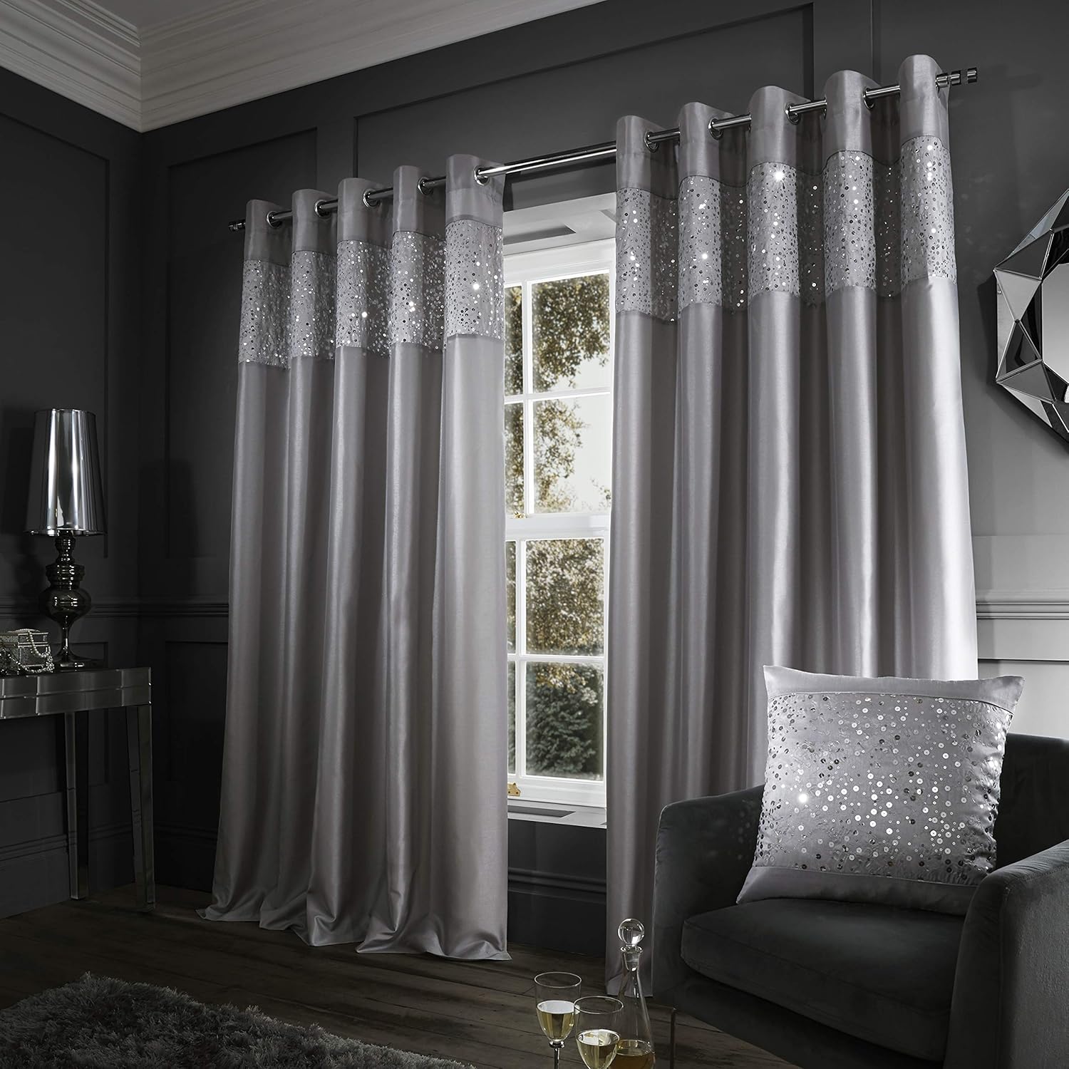 Catherine Lansfield Glitzy tenda con occhielli, 90 x 228,6 cm, grigio - immagine 1