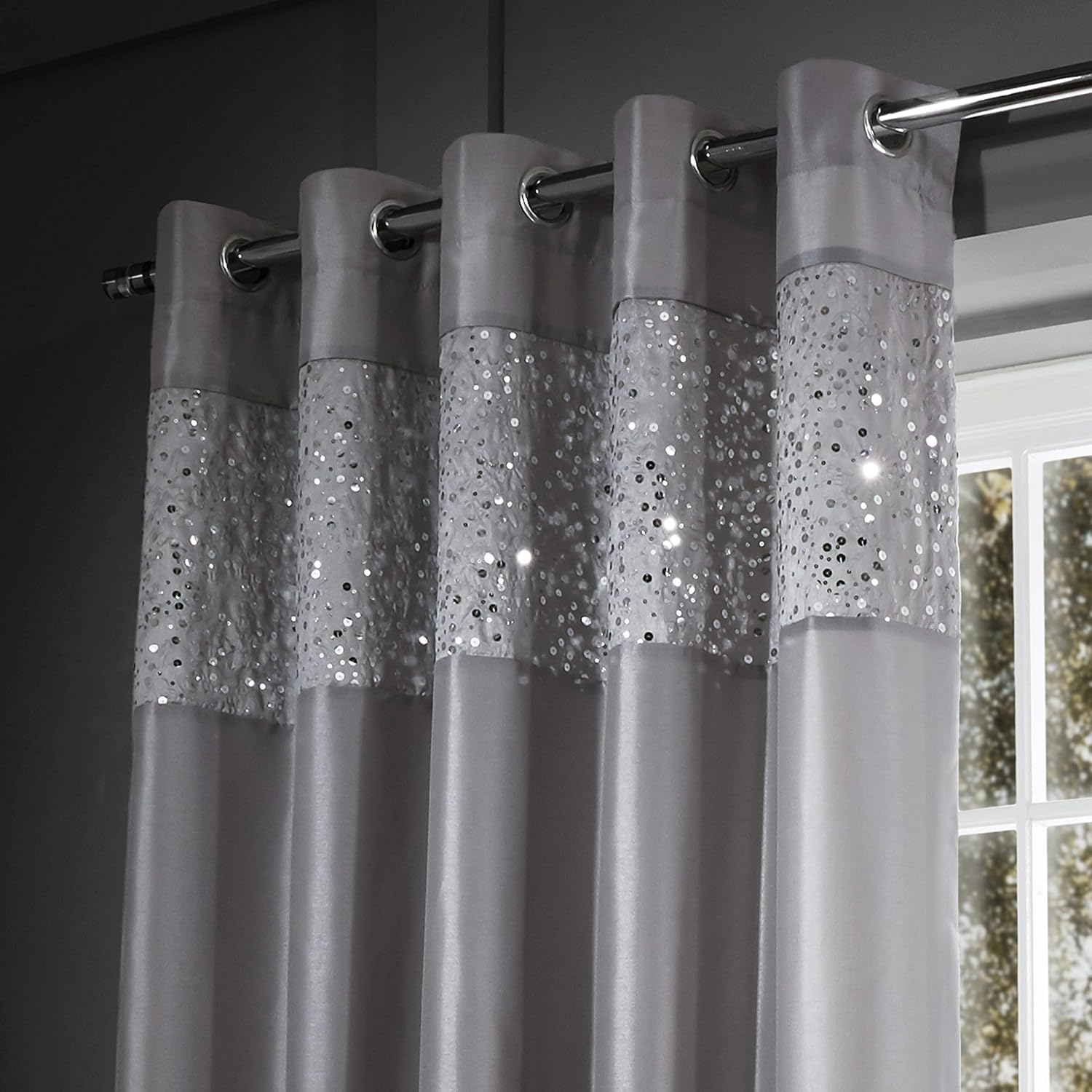 Catherine Lansfield Glitzy tenda con occhielli, 90 x 228,6 cm, grigio - immagine 2