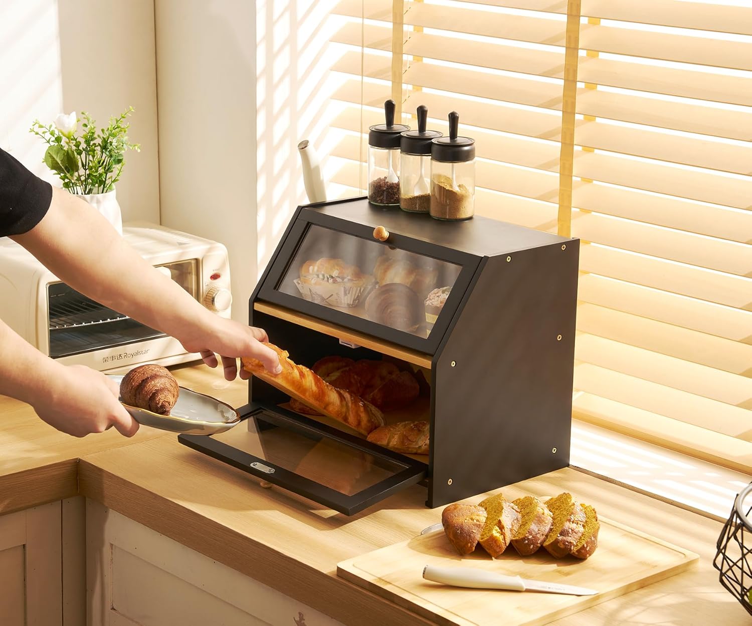 Youdenova Contenitore Pane Bambù con Tagliere, Nero - immagine 2