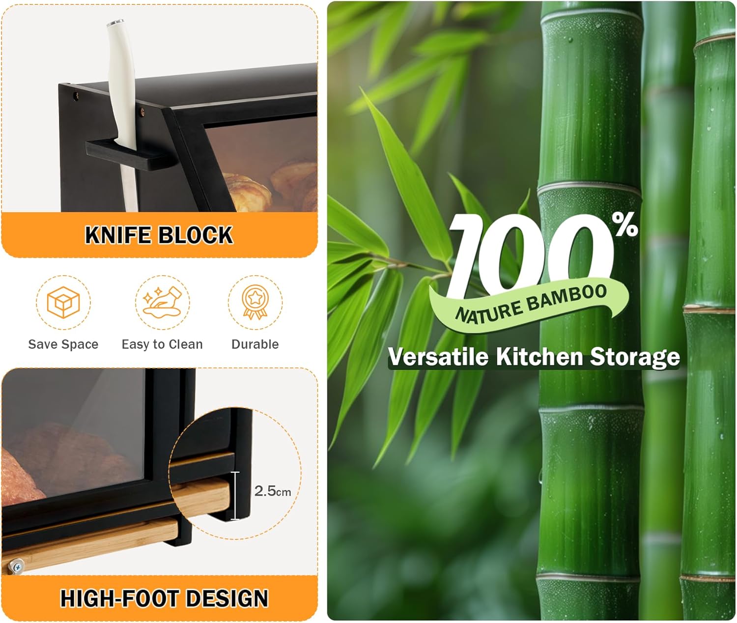 Youdenova Contenitore Pane Bambù con Tagliere, Nero - immagine 3