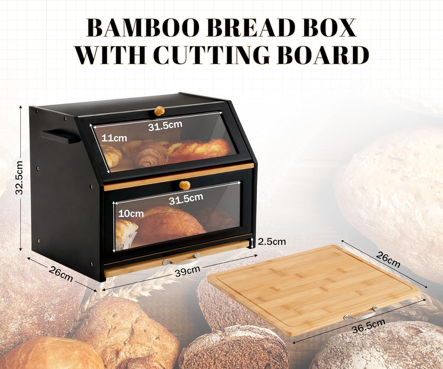 Youdenova Contenitore Pane Bambù con Tagliere, Nero - immagine 4