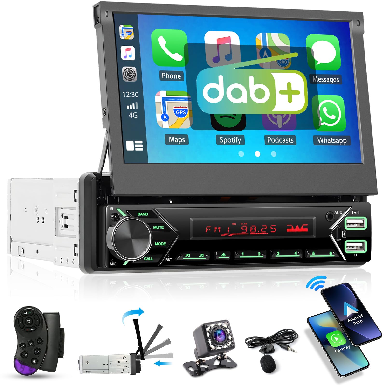 Hikity DAB+ Autoradio 1 Din Motorizzato 7'' Flip Out