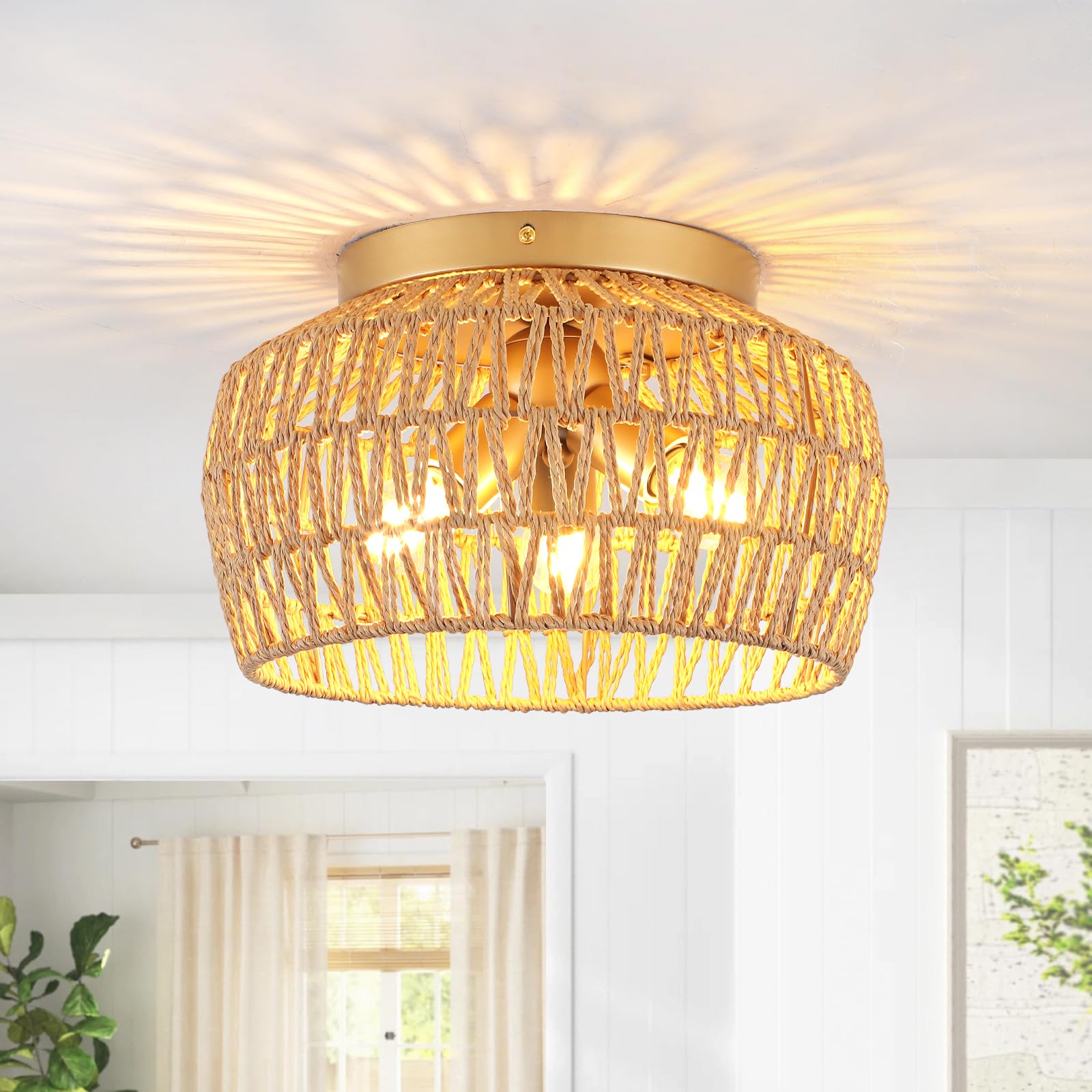 Lampada da Soffitto Boho 3 Luci con Paralume in Rattan