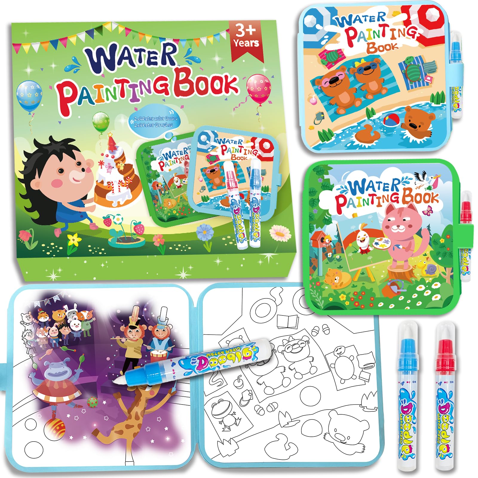 Elfew Reusable 2 Pezzi Libro di Pittura ad Acqua con 2 Penna Acqua per Bambini di età 2-4, Riutilizzabili Libro Magico ad Acqua da Colorare, Libri da Colorare per Bambini, Regali per Ragazze e Ragazzi