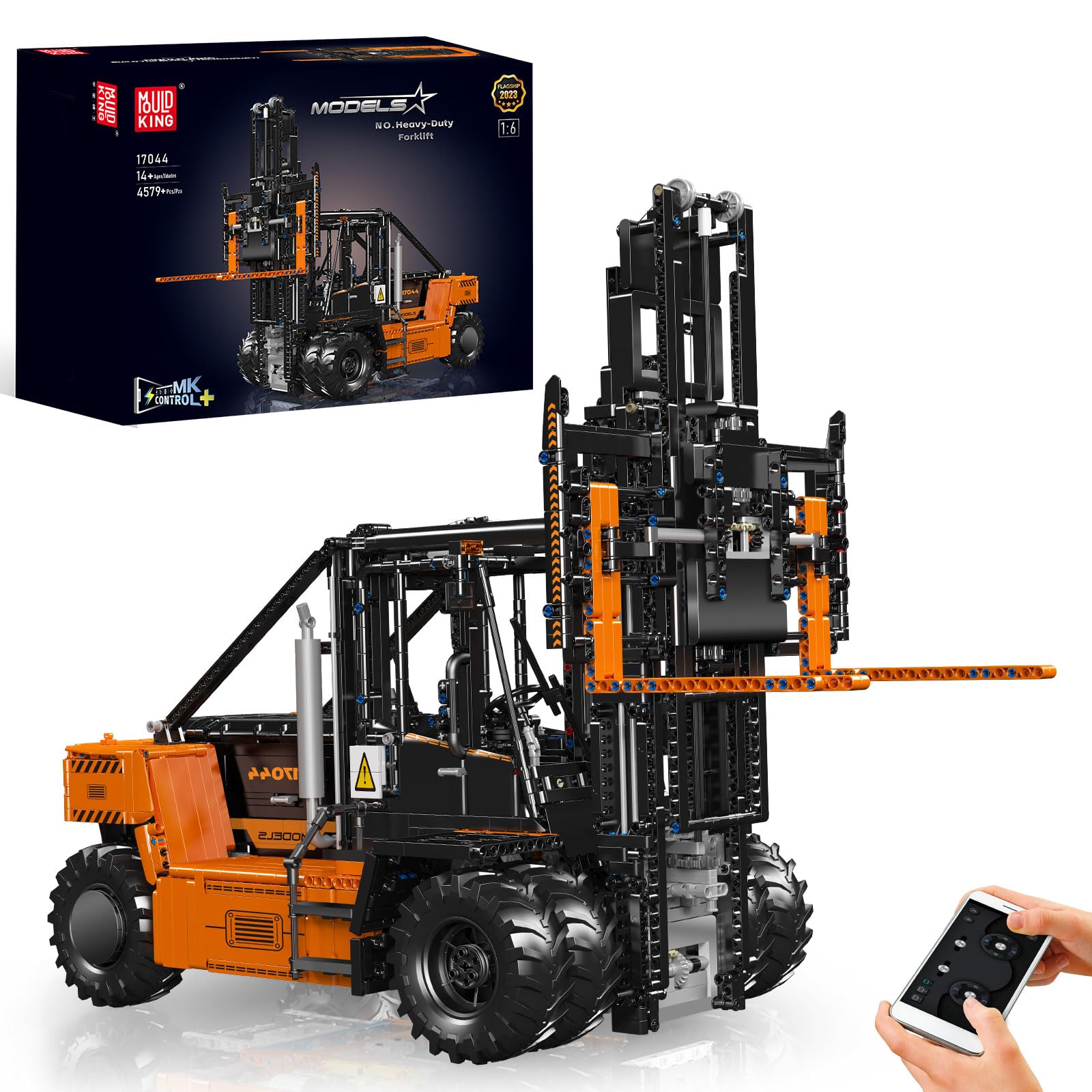 Mould King 17044 Carrelli elevatori pesanti, modelli di costruzione in scala 1:6 per adulti con dettagli autentici, radiocomandati da app (arancione, 4579+ parti)