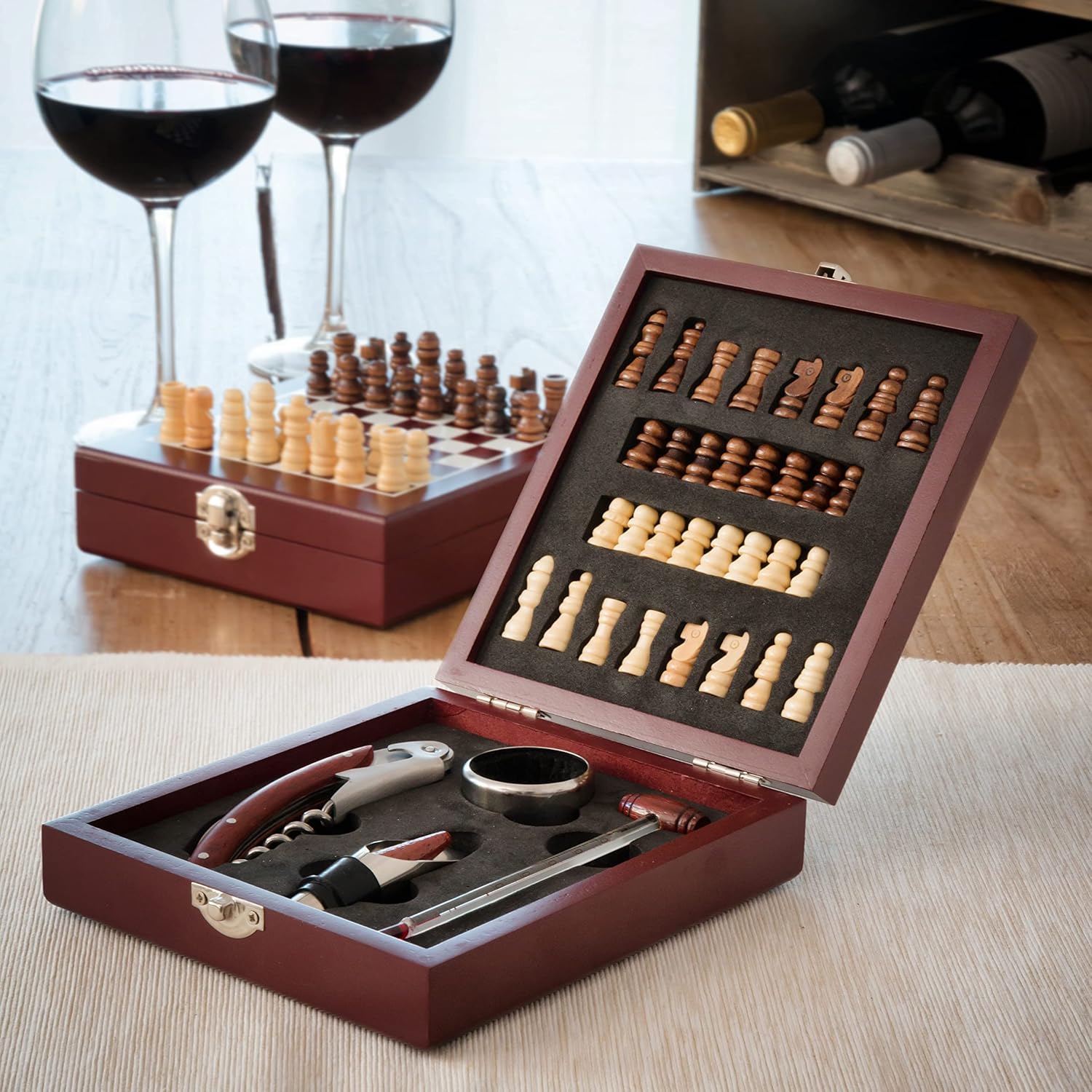 InnovaGoods Kit Accessori Vino e Gioco Scacchi, Marrone - immagine 2