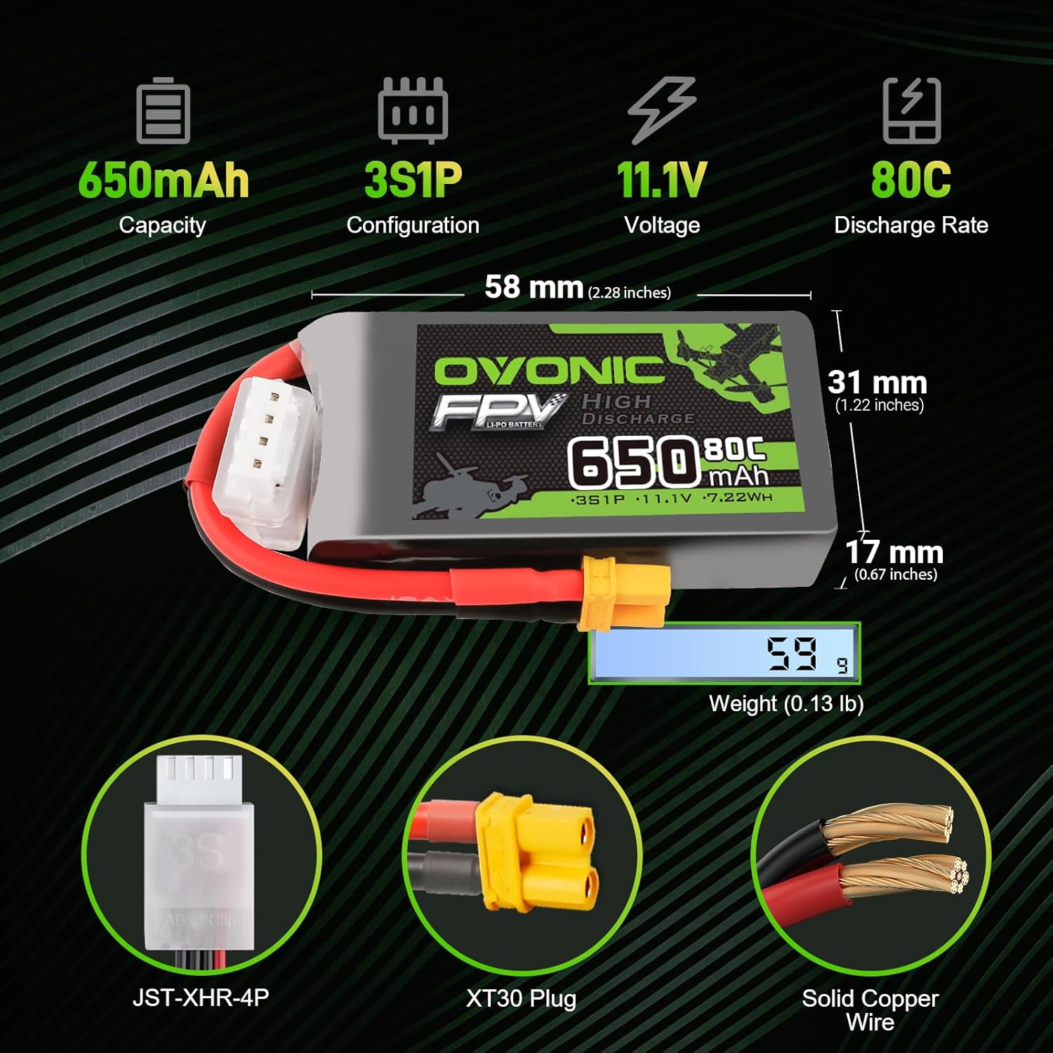 Ovonic Batteria Lipo 80C 650mAh 11.1V con XT30 (2PCS) - immagine 2