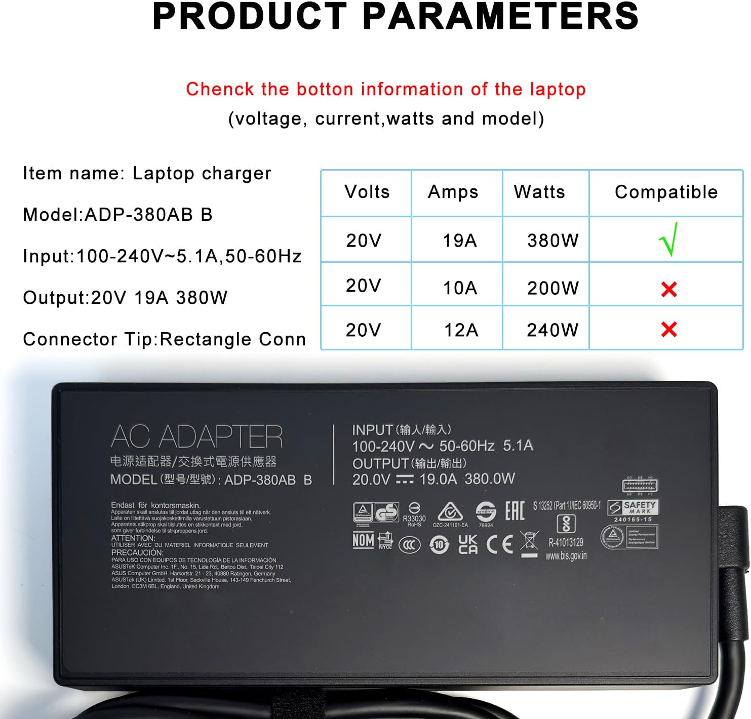 XITAIAN Alimentatore 20V 19A 380W (Rectangle Connector) - immagine 3
