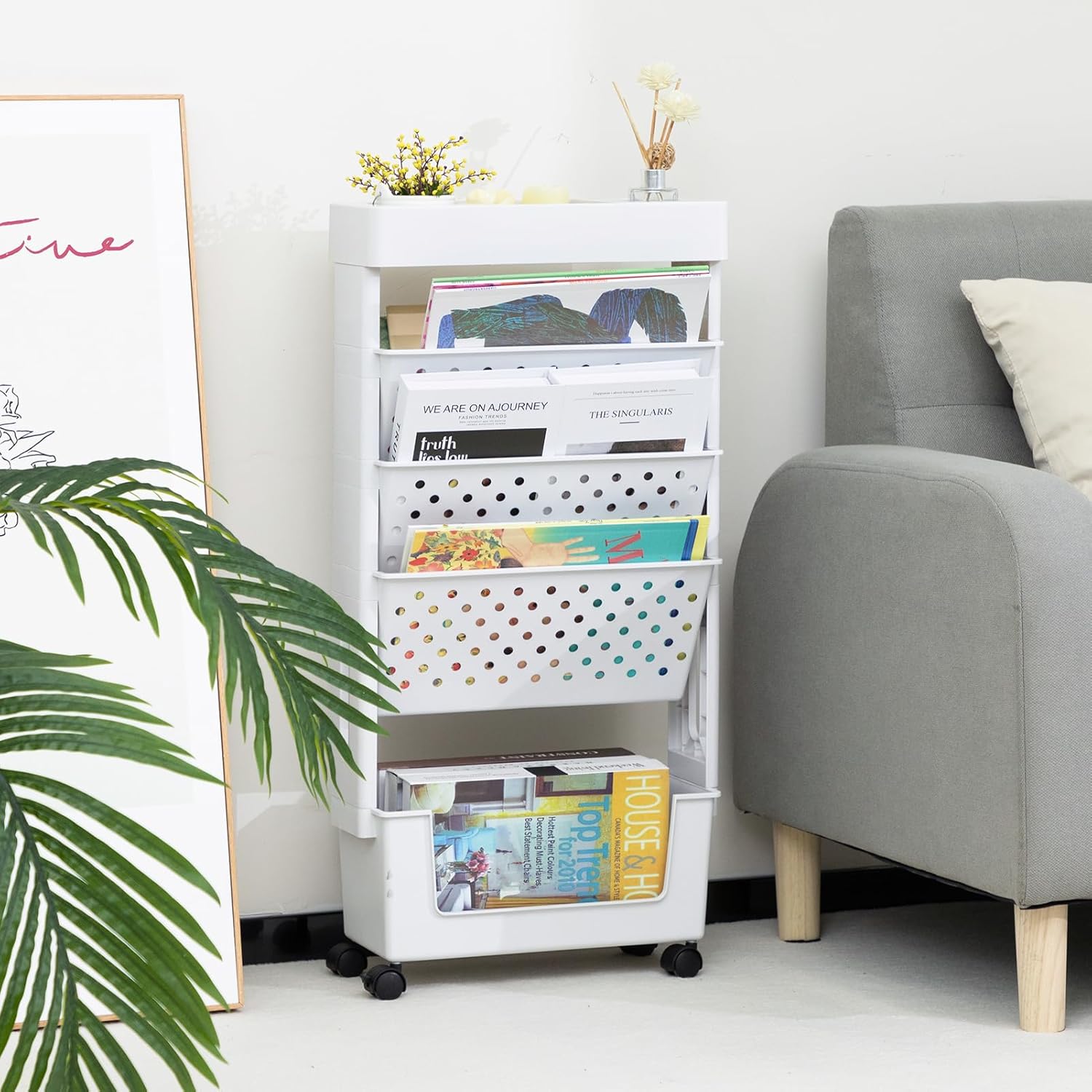 Doeworks Libreria Piccolo Scaffale con Ruote 5 Livelli, Bianco - immagine 3