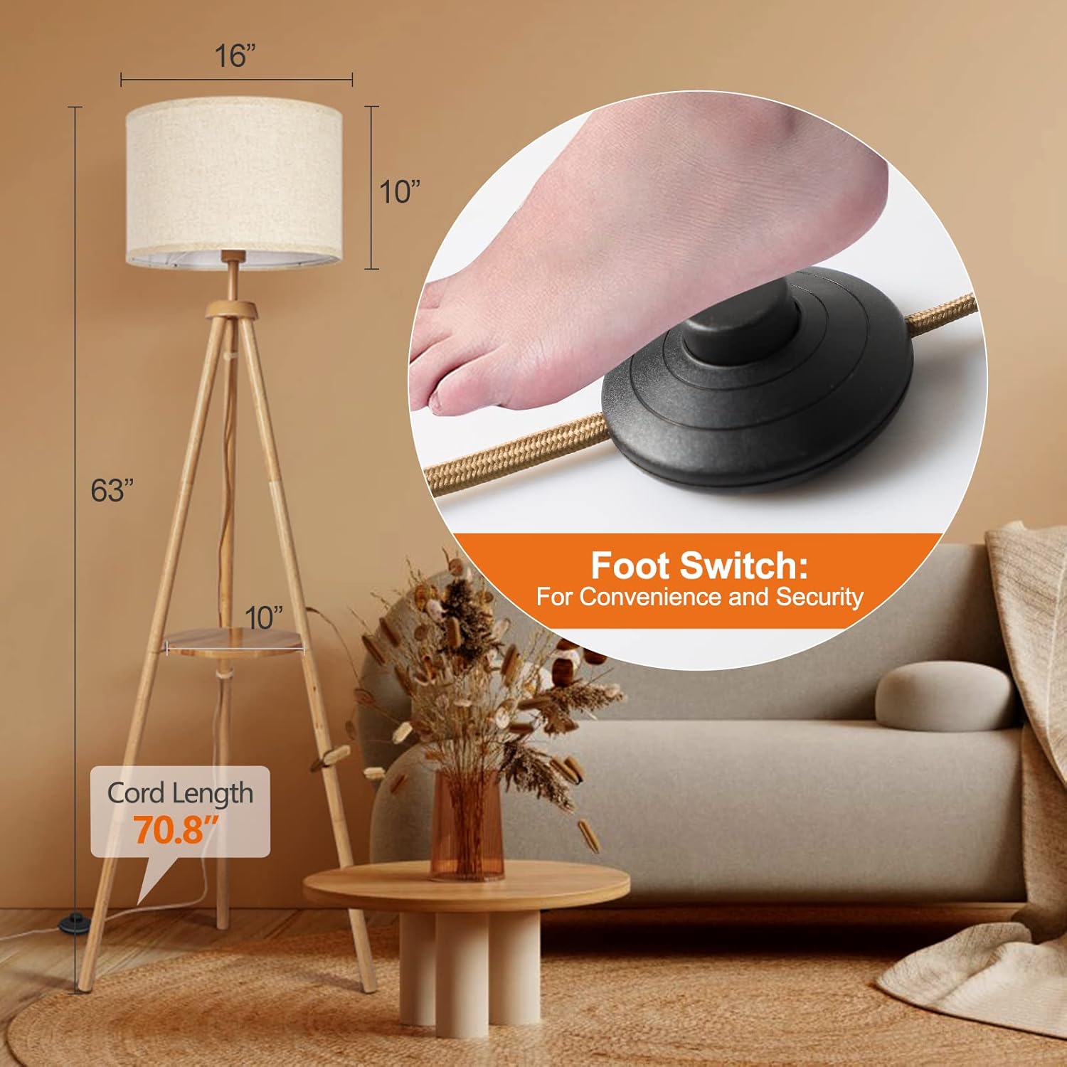 OUTON Lampada da Terra Treppiede in Legno Solido - immagine 4