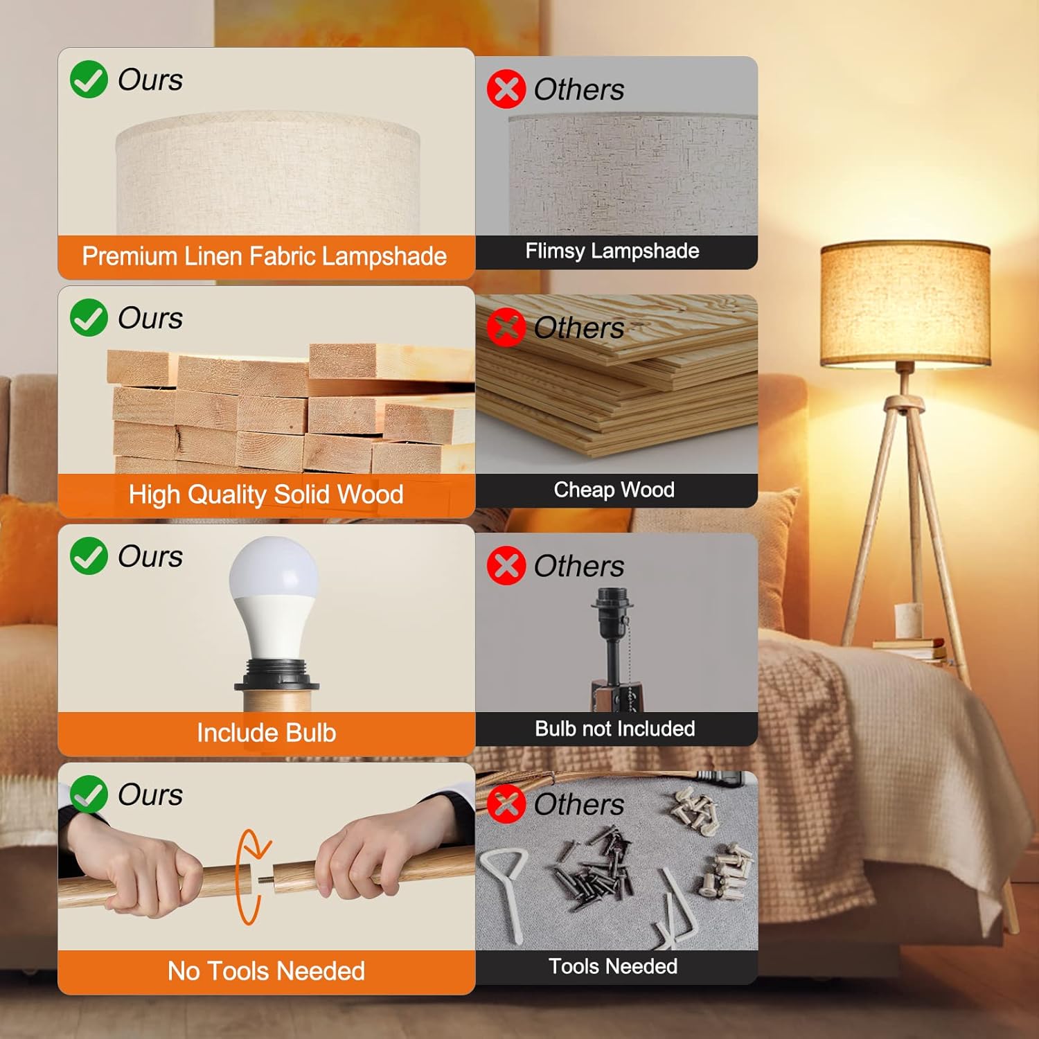 OUTON Lampada da Terra Treppiede in Legno Solido - immagine 5