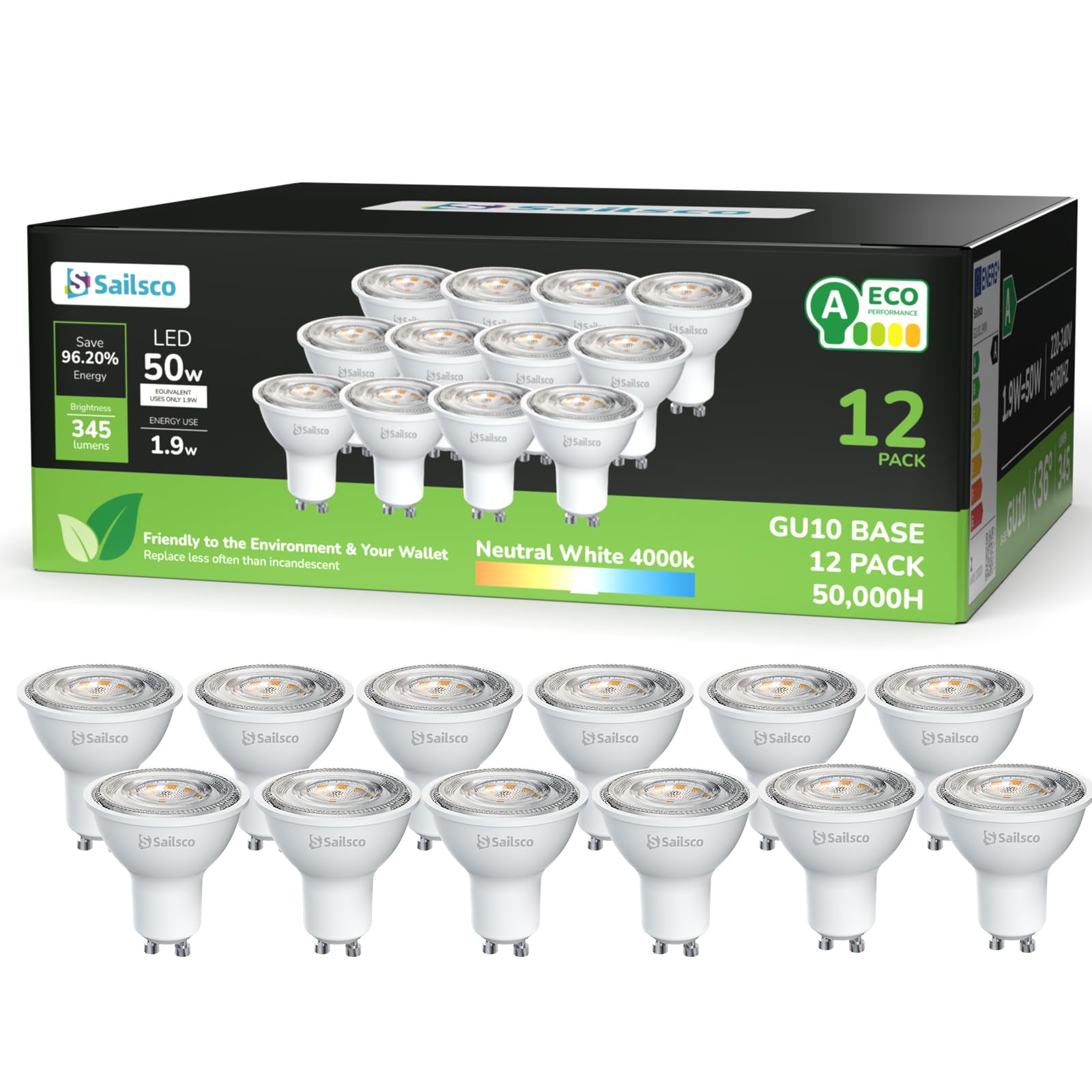 Classe A Lampadine GU10 LED Spot 1.9W (50W eq.) 4000K, 12 Pezzi