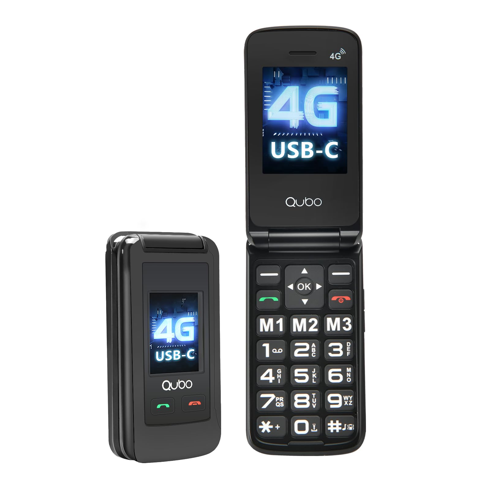 Qubo GSM Telefono Cellulare Anziani 4G Flip Phone, Nero