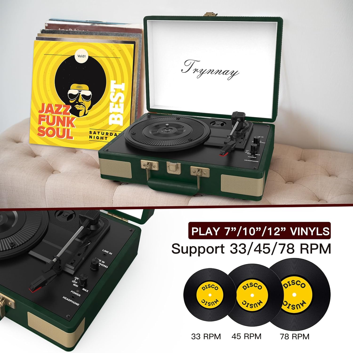 Trynnay Giradischi Bluetooth 3 Marce, Verde - immagine 2