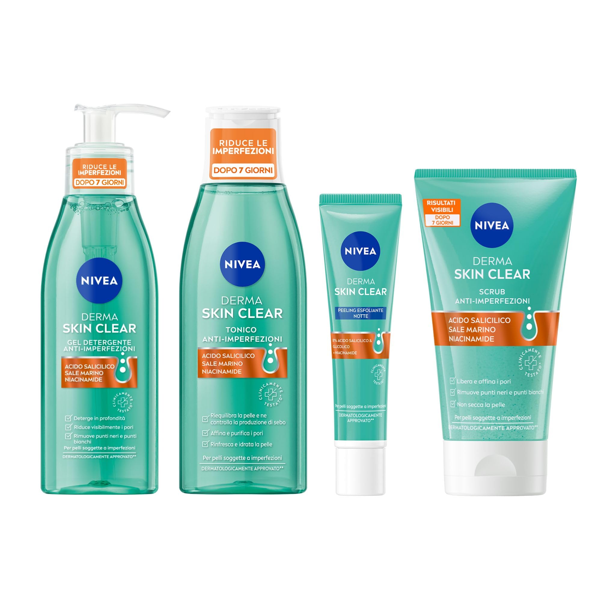 NIVEA Special Pack Derma Skin Clear Anti Imperfezioni, Gel detergente viso 150ml + Peeling notte 40ml + Scrub viso e corpo 150ml + Tonico astringente 200ml