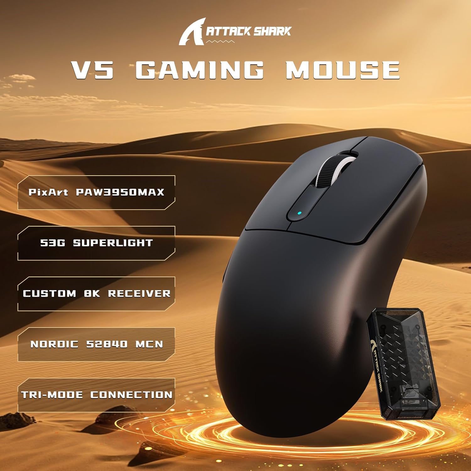 Attack Shark V5 Mouse Gaming Wireless 8KHz 53G, Nero - immagine 2