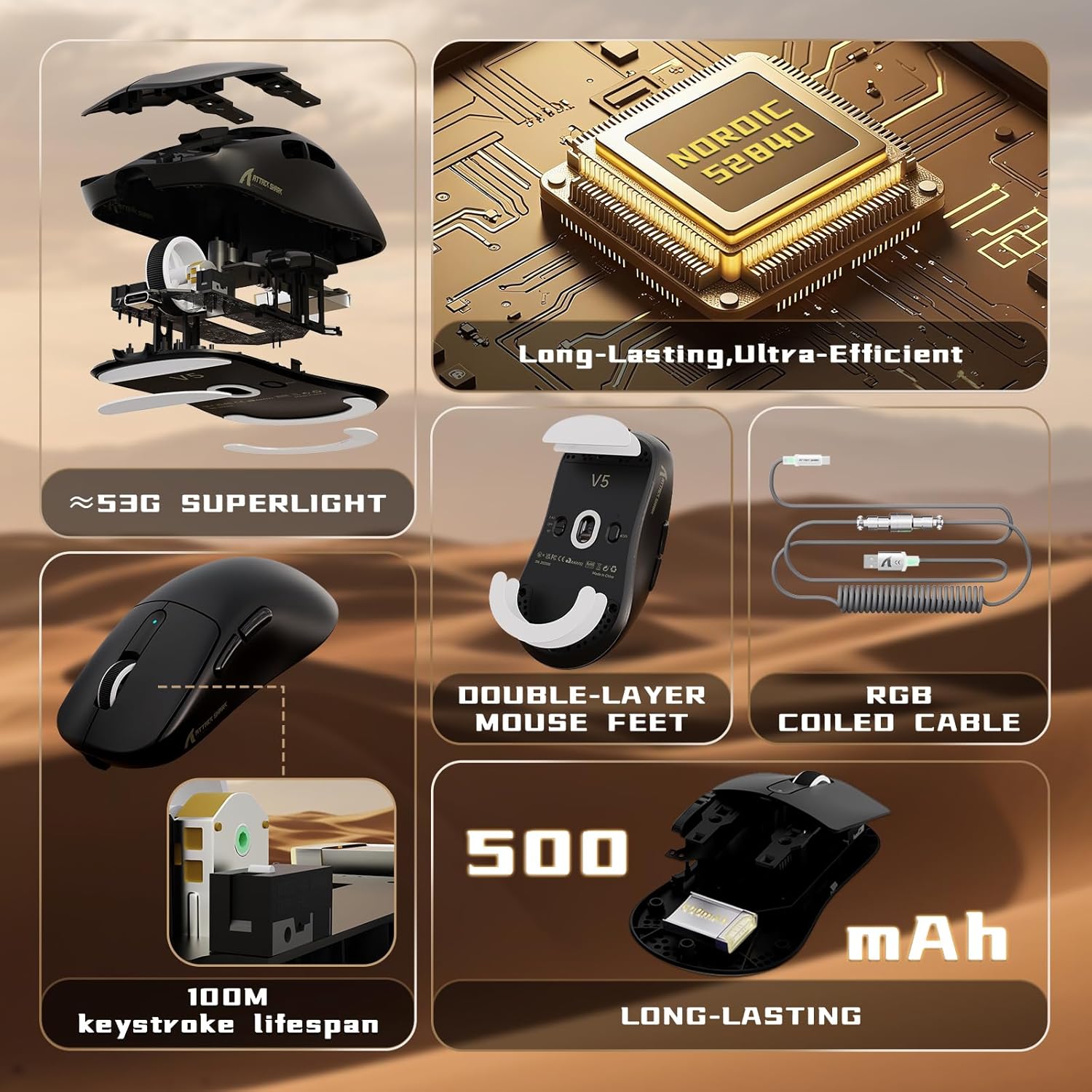 Attack Shark V5 Mouse Gaming Wireless 8KHz 53G, Nero - immagine 3