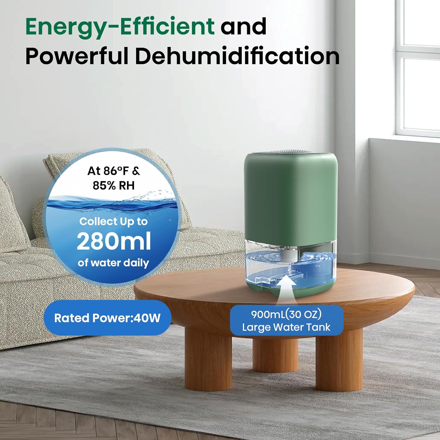 Deumidificatore Casa Portatile 900ML, Verde - immagine 4