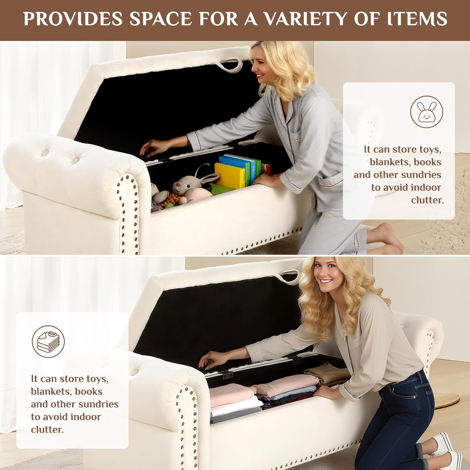 Clevich Cassapanca Pouf Contenitore 133cm, Beige - immagine 7