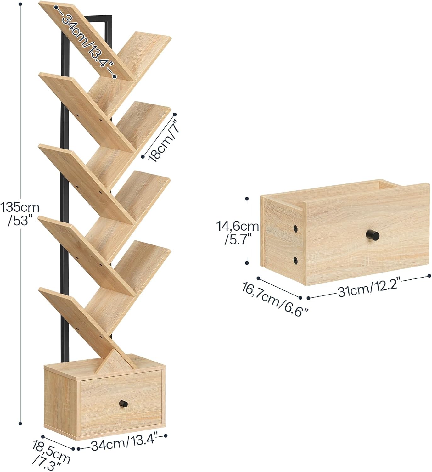 Hoobro Scaffale a Forma di Albero 9 Livelli, Legno Naturale/Nero - immagine 3