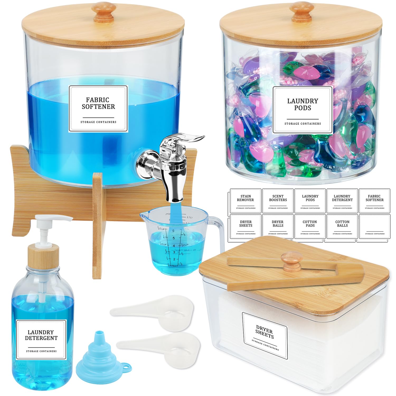 Set 4 Contenitori Detersivo Polvere con Rubinetto e Supporto