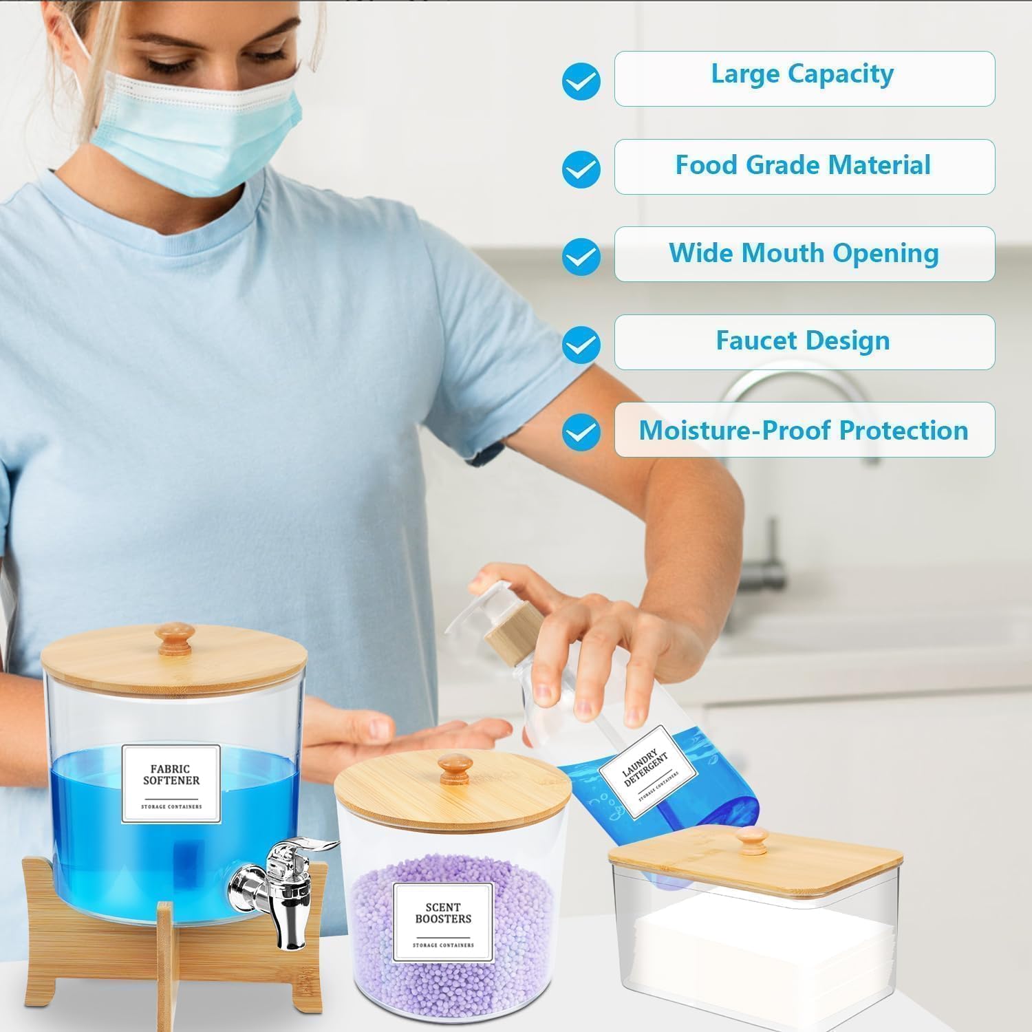 Set 4 Contenitori Detersivo Polvere con Rubinetto e Supporto - immagine 2