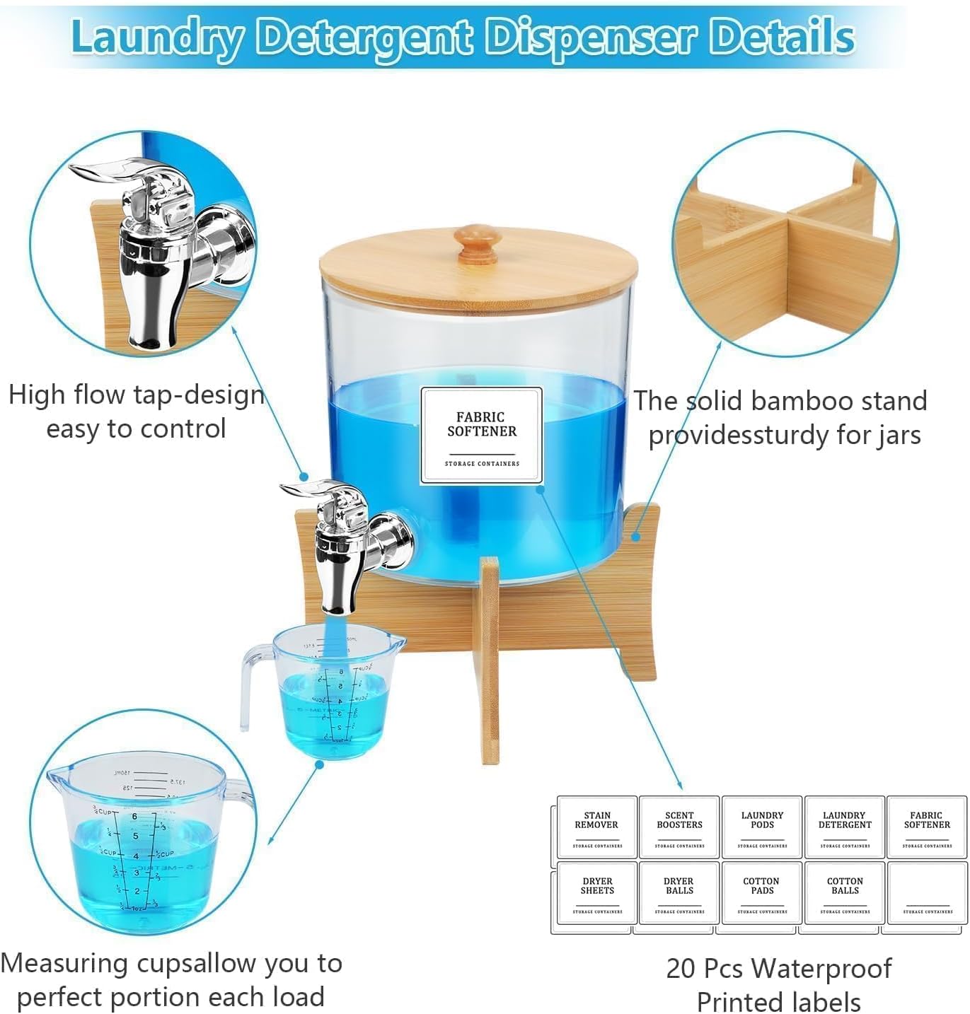 Set 4 Contenitori Detersivo Polvere con Rubinetto e Supporto - immagine 4