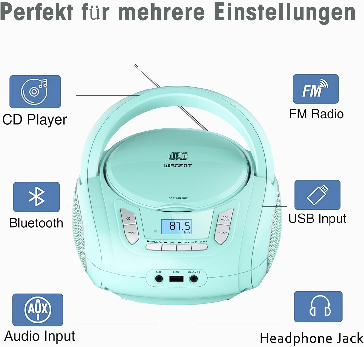 Lettore CD Radio Compatto con Bluetooth e FM, Verde - immagine 2