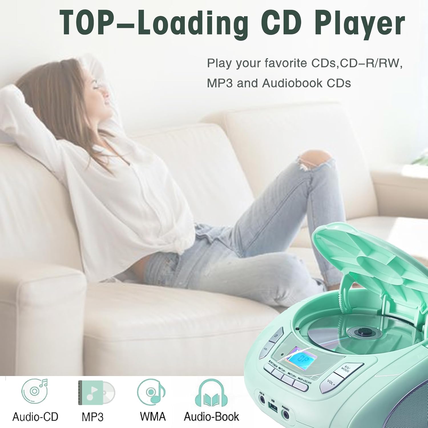 Lettore CD Radio Compatto con Bluetooth e FM, Verde - immagine 3