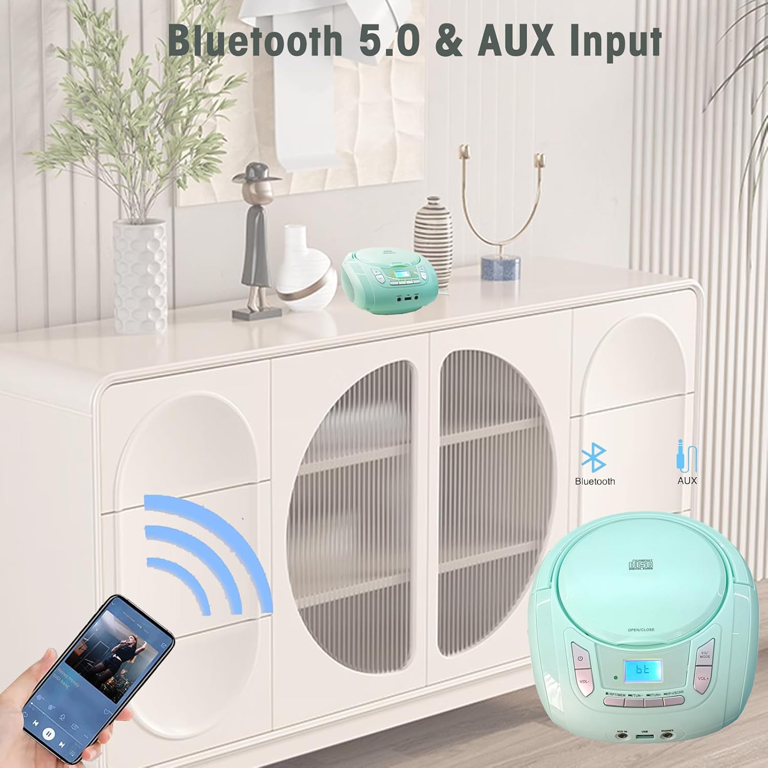 Lettore CD Radio Compatto con Bluetooth e FM, Verde - immagine 5
