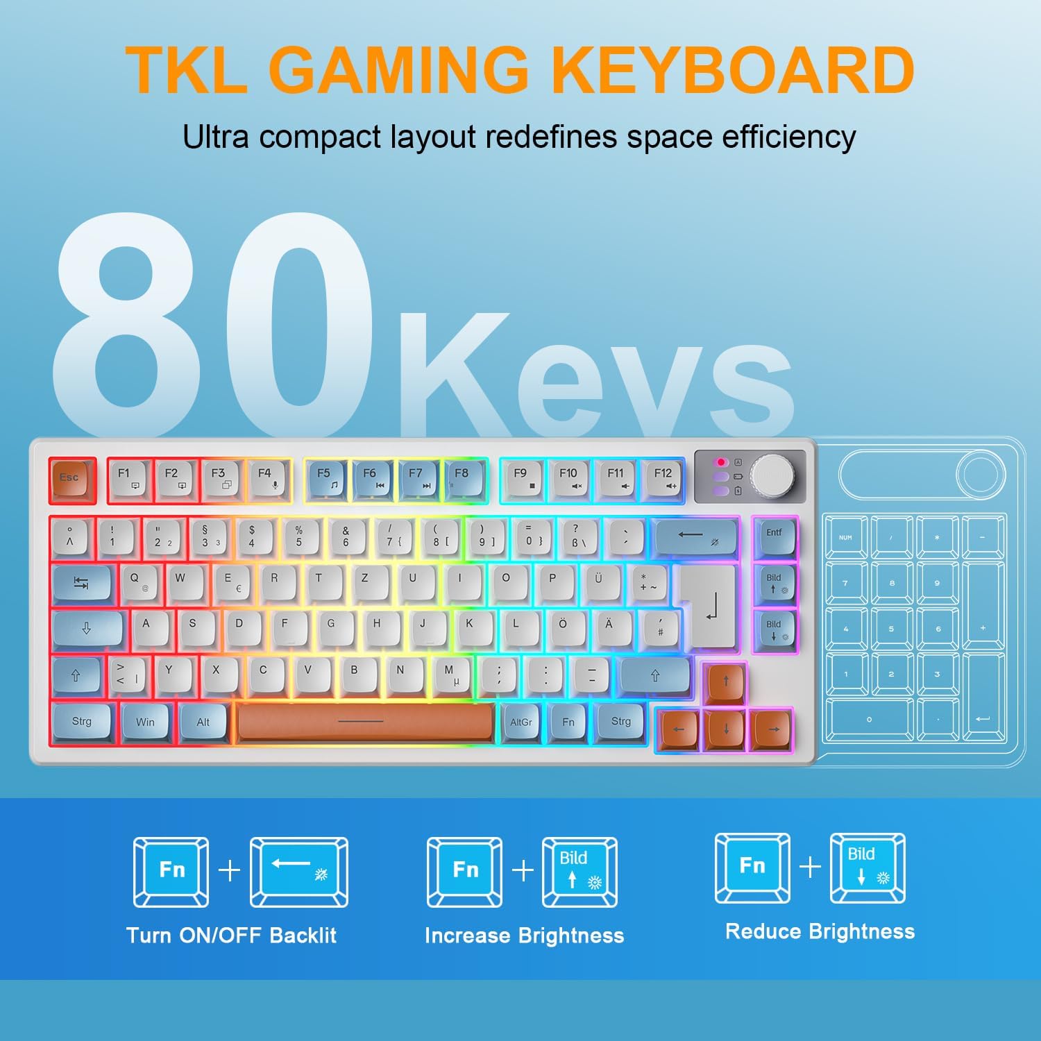 Tastiera e Mouse Gaming Wireless 75% TKL, QWERTZ DE - immagine 2